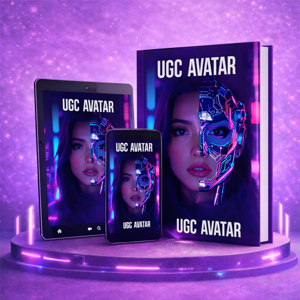 Ebook UGC Avatar — mockup en tablet, smartphone y libro